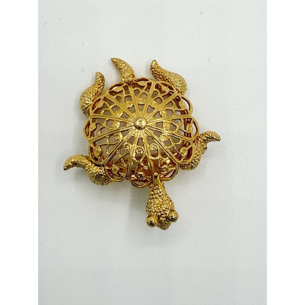 Turtle gold tone filigree pin brooch 1.5"